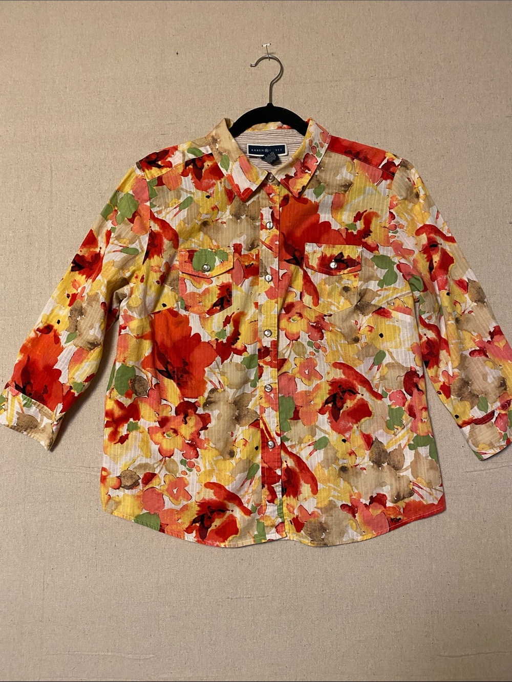 Karen Scott Red Orange Yellow Floral Button-Down Shirt